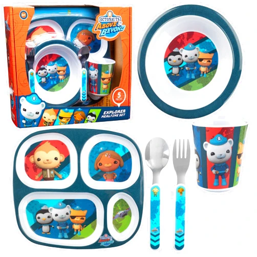 Octonauts 5 Pcs Mealtime Divided Plate Feeding Set for Kids & Toddlers-Explorer- Includes Multi-Compartment Plate, Bowl, Cup, Fork & Spoon Utensils-Durable, Dishwasher Safe, BPA Free