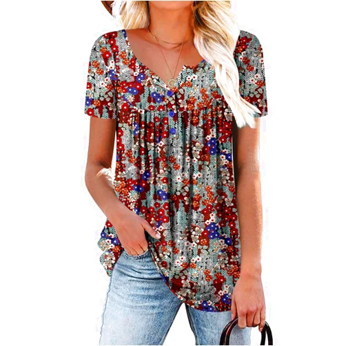 ROSELINLIN Women's Short Sleeve Shirts Floral Summer Tops Loose Fit for Leggings