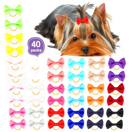 Chenkou Craft New 40pcs(20pairs) Puppy Yorkie Dog Hair Bow Pure Ribbon with Rubber Band 40mm Pet Grooming Products Mix Colors Varies Patterns Pet Hair Bows (Pure Ribbon Rubber Bow)