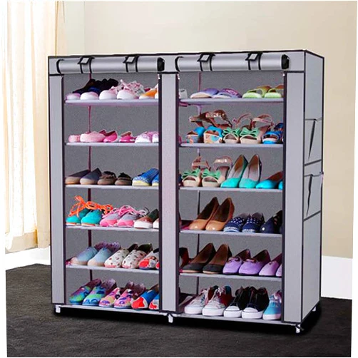 Mekek 12 Tiers Shoe Rack Shoe Shelf Non Woven Storage Closet Organizer Cabinet grey
