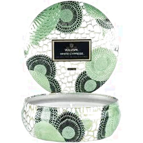 Voluspa White Cypress, 3 Wick Tin Candle, 12 Ounce, 40 Hour Burn Time, All Natural Wicks and Coconut Wax for Clean Burning, Vegan, Poured in The USA