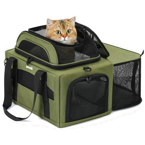 Pecute Top Side Expandable Pet Carrier Airline Approved Dog Cat Carrier, Breathable Soft-Sided with Locking Zippers, Pet Travel Bag for Small Dog Cat Leakproof Pee Pad (Olive Green)