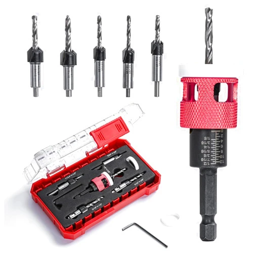 Mozeyerh 5 Pcs Countersink Drill Bit Set with Low Friction Depth Stop, HSS M2 Bits Tapered Head1/8 9/64
