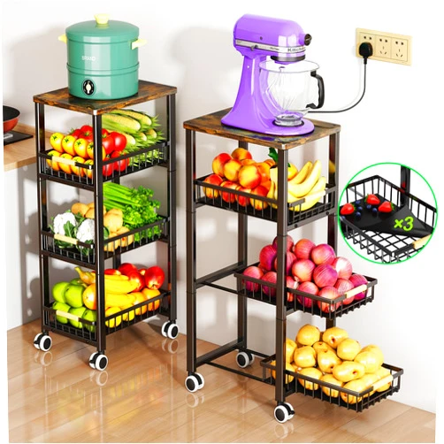 Miyawell Fruit Vegetable Storage Basket for Kitchen, 4 Tier Large Pull-Out Metal Wire Baskets with 3 Pack Mats Bottom, Wood Top and Wheels, Vegetable Produce Bins Stand Cart Rack for Onions and Potatoes