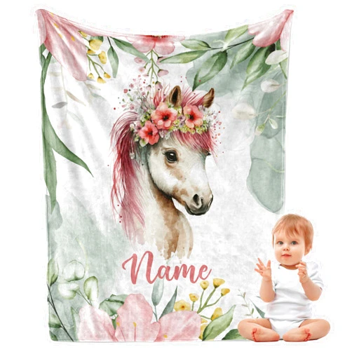 Rivarche Personalized Baby Blankets with Name for Girls Boys - Soft Cozy Custom Baby Gift Blanket for Newborns, Infants - Ideal for Baby Shower, Toddler Gifts and Birthday Celebrations, Horse Floral Design