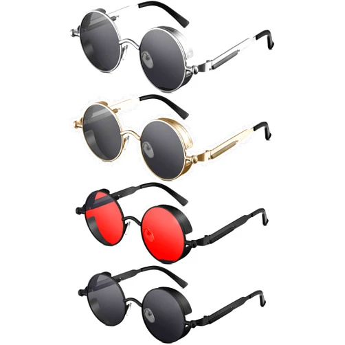 Weewooday 4 Pieces Retro Round Steampunk Sunglasses Vintage Hippie Style Circle Lens Metal Frame Eyewear for Men Women