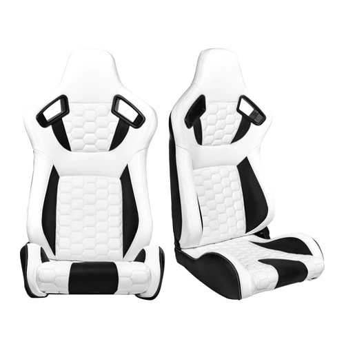 FREEMOTOR802 Universal Racing Seats, Reclinable Sport Seats with Dual Lock Sliders Adjustable, 1 Pair (Driver + Passenger Side), PU + Carbon Fiber Fabric, White + Black