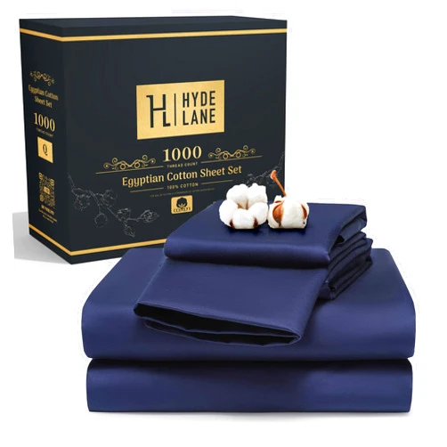 Hyde Lane 1000 Thread Count Egyptian Cotton Sheets, Navy Queen Sheet Set, 100% Pure Cotton Hotel Luxury Sateen Sheets Set, 4PC Thick Bed Sheets with 18
