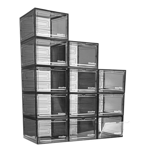 Attelite Upgrade 12pack Shoe Box Storage Containers,Thicken Sturdy Clear Stackable Plastic Shoe Organizer Box with Magnetic Door, Drop Front Shoe Box Sneakers X-Large