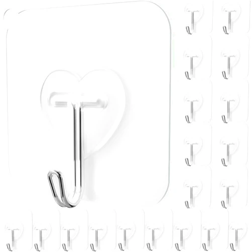 DGYB 20 Pcs Clear Adhesive Hooks for Hanging 22lb Self Adhesive Wall Hooks Heavy Duty Waterproof Transparent Sticky Hooks for Shower Home Bathroom Kitchen Office