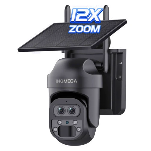 INQMEGA [ 12X Zoom ] 6MP Security Solar Cameras Outdoor, 2.4G WiFi Wireless Camera with PIR Motion Detection, Daul Lens, Color Night Vision, Spotlight Siren, No Subscription Required