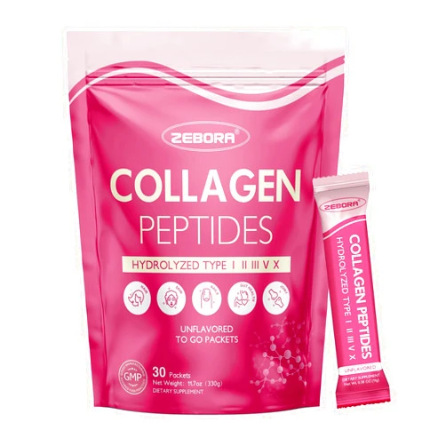 ZEBORA Collagen Peptides Powder Packets with Hyaluronic Acid, Biotin, MCT - Multi Hydrolyzed Collagen with 5 Billion Probiotics - Support Skin Hair Nail Joints & Gut Health - 30 Stick Packs