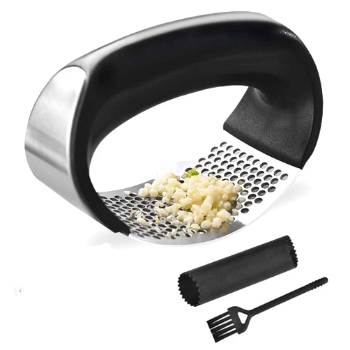 JOMIHONEY Garlic Press Rocker Stainless Steel Ginger Crusher Squeezer Kitchen Gadget with Ergonomic handle, Silicone Tube Garlic Peeler and Cleaning Brush Tool Set