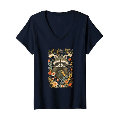 Raccoon Cottagecore Aesthetic Animal Designs Womens Cute Raccoon Cottagecore Botanical Flowers Nature Whimsical V-Neck T-Shirt