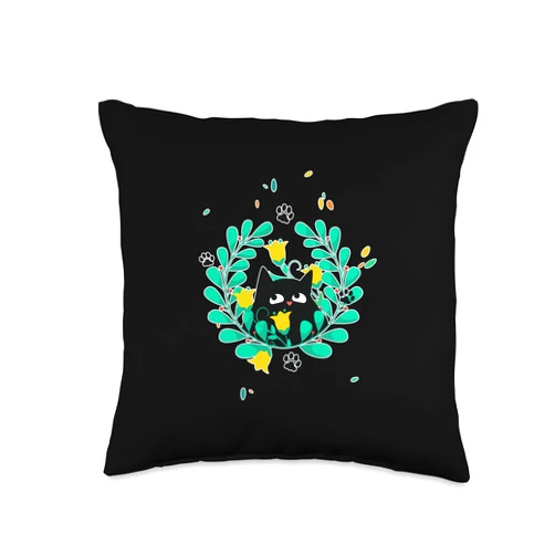 Visit The Feline Serenity Apparel CUTE BLACK KITTEN CAT GREEN WREATH Cute Angelic Serene Throw Pillow