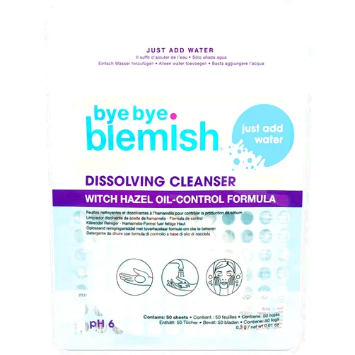 Bye Bye Blemish Dissolving Cleanser with Witch Hazel, Water Activated Facial Paper Soap, Removes Dirt and Moisturizes Skin, Compact, Convenient & Easy to Use, 50-pcs