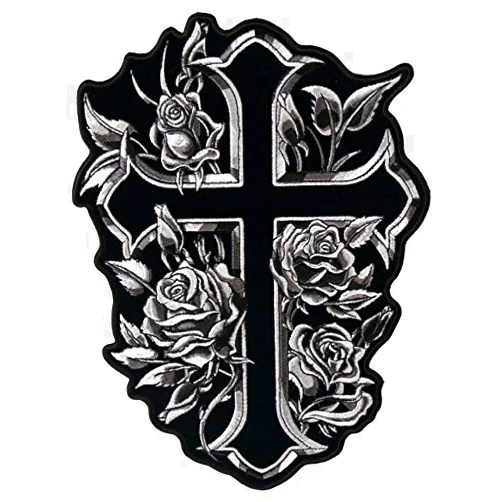 Officially Licensed Original Hot Leathers Inc. USA Hot Leathers, CROSS AND ROSES, High Thread Embroidered Iron-On / Saw-On, Heat Sealed Backing Rayon PATCH - 3.5