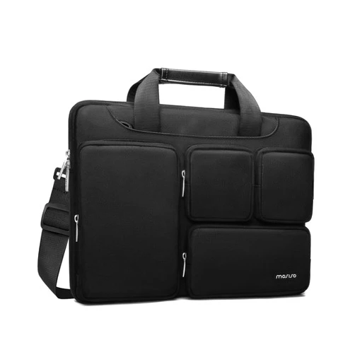 MOSISO Laptop Shoulder Messenger Bag Compatible with MacBook Air/Pro, 13-13.3 inch Notebook, Compatible with MacBook Pro 14 inch, Polyester Briefcase Sleeve with 4 Front Zipper Pockets & Belt,Black