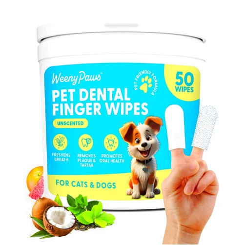 WEENY PAWS Teeth Cleaning Wipes for Dogs & Cats, Remove Bad Breath by Removing Plaque and Tartar Buildup No-Rinse Dog Finger Toothbrush, Disposable Gentle Cleaning & Gum Care Pet Wipes, 50 Counts