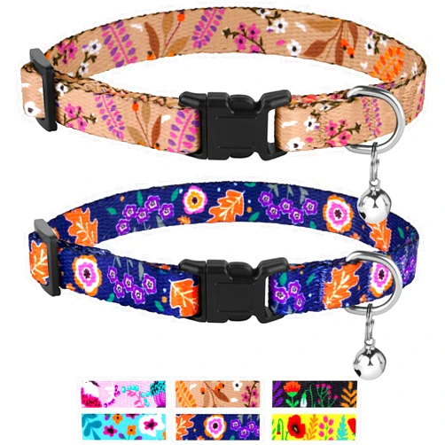 CollarDirect Cat Collar with Bell Floral Pattern 2 Pack Set Flower Adjustable Safety Breakaway Collars for Cats Kitten (Toffee + Navy Blue)