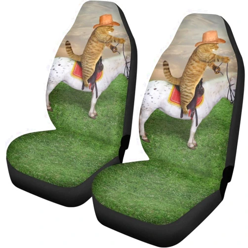 Pehede Car Seat Cover Cartoon Cat Riding A Horse Front for Cars, Easy to Install Cover Set, Accessories Auto Trucks Van SUV,2 Packs