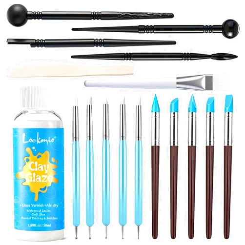 Lockmio 17PCS Silicone Clay Sculpting Tools, Dual-Ended Dotting Tools Set with 1.7 FL OZ Air Dry Clay Glaze for Pottery, Ceramic Modeling, Rock Painting, Art Blending - Ideal for Adults & Kids DIY Crafts