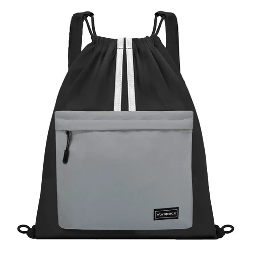 Vorspack Drawstring Backpack - Drawstring Bag with Front Pocket Lightweight String Backpack with Reflective Strips Cinch Bag Sackpack for Gym Sport Trip Hiking - Black