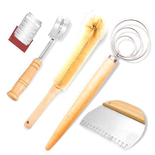 MTFATBEST Danish Dough Whisk, Bread Dough Whisk Set 4pcs, Bread Making Tools and Supplies, Sourdough Bread Whisk, Dutch Style Whisk for Dough, with Bread Lame Tool and Cleaning Brush