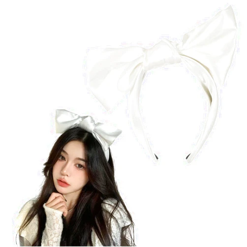 AIUPUOC White Bow Headbands for Women French Big White Hair Bows Silky Fabric Design Hair Band Accessories 1Pcs