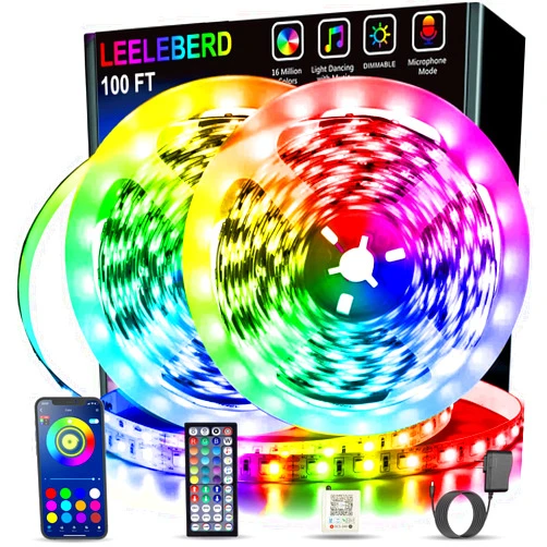 Leeleberd Led Lights for Bedroom 100 ft (2 Rolls of 50ft) Music Sync Color Changing RGB Led Strip Lights with Remote App Control Bluetooth Led Strip, Led Lights for Room Home Kitchen Decor Party