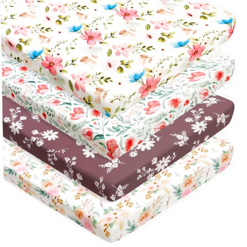 FIGEPO 4 Pack Baby Girl Pack N Play Mini Crib Sheets Set Soft Fitted Floral Theme Baby Girl Mattress Covers Breathable Toddler Bed Sheets for Infant or Newborn(Flower, Pack N Play Mini Crib Sheets)