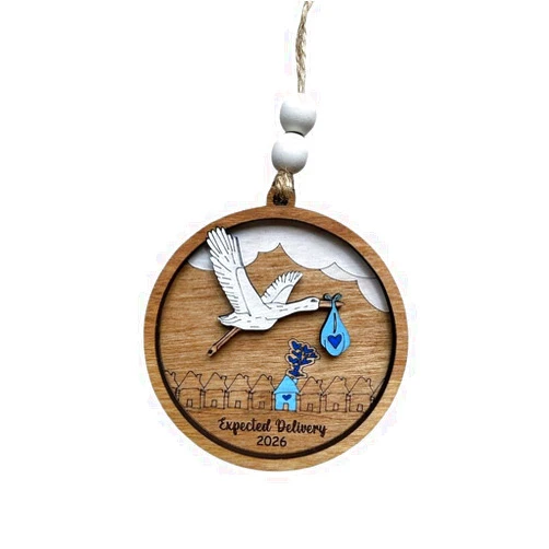 From the Pines Supply Co Stork Baby Delivery Christmas Tree Ornament | Pregnancy Ornament | Gift for Expecting Parents for Girl or Boy | Pregnant Pink or Blue | Baby Reveal (Blue)