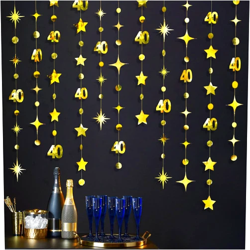 Pinkblume Gold 40th Birthday Decorations Number 40 Circle Dot Twinkle Star Garland Metallic Hanging Streamer Bunting Banner Backdrop for Women Mens 40 Year Old Birthday Forty Anniversary Party Supplies