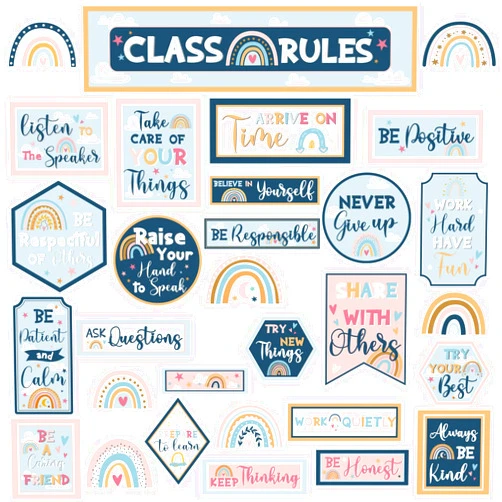 Gisgfim Class Rules Bulletin Board Decorations Boho Rainbow Classroom Rules Motivational Bulletin Board Cutouts Behavior Educational Good Habits Manners for Middle High School Home Door Wall Decor