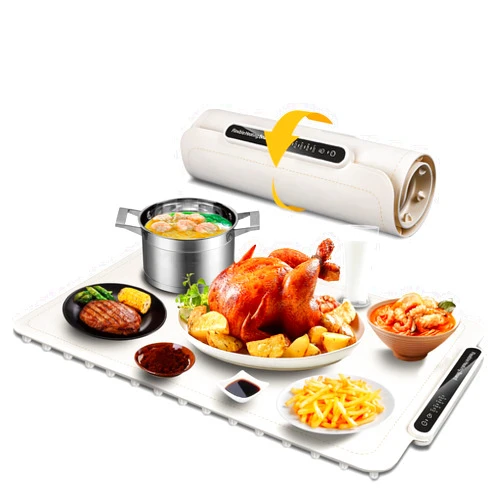 Qimh Food Warming Mat, Silicone Food Warmer for Parties Buffet, Full Surface Electric Warming Tray with 4 Temps & 10s Rapid Heating, Portable Food Heater for Gathering, Kitchen, Everyday Use (Beige)