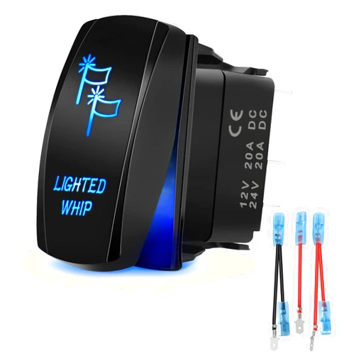 NIWAKER POWERSPORTS Lighted Whip Rocker Switch, Niwaker 5Pin Laser Toggle Switch Blue Rock Lights Switch On-Off Light Bar Switch with Jumper Wires Set 12V/20A 24V/10A Whip Light Switch for UTV ATV RZR Truck Off Road Boat