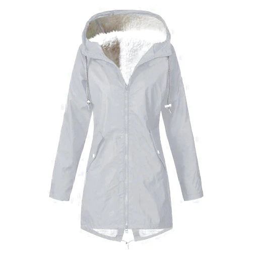 Cethrio Warm Rain Coats for Women Waterproof with Hood Fleeced Windproof Long Rain Jackets Windbreaker Loose Winter Clothes