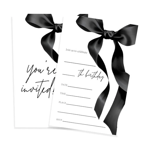 FRRCREU Birthday Invitations For Girls, 20 Pcs Double Sided Fill In Black Bow Invites With Envelopes For Girls Teens Adults Birthday Celebration,Party Favor And Supplies - A11