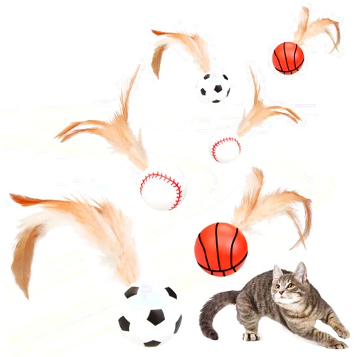 Dexspoeny 6PCS Interactive Feather Ball Toy for Cats, New Cat Bouncy Ball with Feather Tails, Elastic Cat Toy Balls for Indoor, Rolling Balls for Cats Playing Exercise