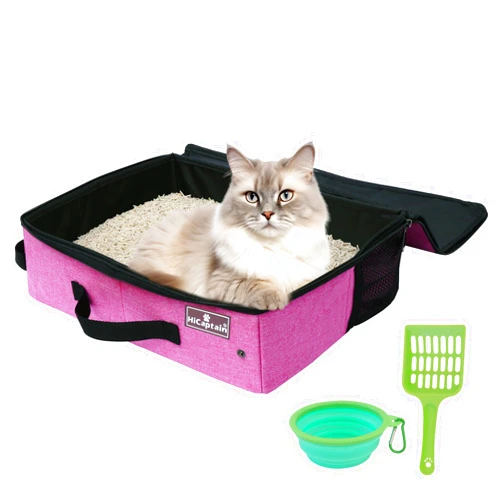 HiCaptain Portable Cat Travel Litter Box with Lid, Collapsible Travel Litter Box for Medium and Large Cats, Leak Proof, Foldable Standard Litter Carrier Box for Traveling - Pink