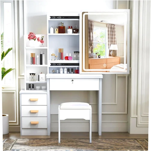 Montary Makeup Vanity Desk with Mirror and Lights, White Vanity Table Set with 4 Drawers & Sliding Mirror & Storage Shelves, 3 Lighting Modes Brightness Adjustable, Vanity Dressing Table and Stool