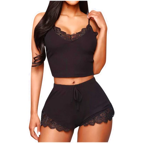 HTHJSCO Women's Nightgown Two Piece Lace Satin Spaghetti Strap Bralette and Shorts Sleepwear Sexy Teddy Babydoll Lingerie