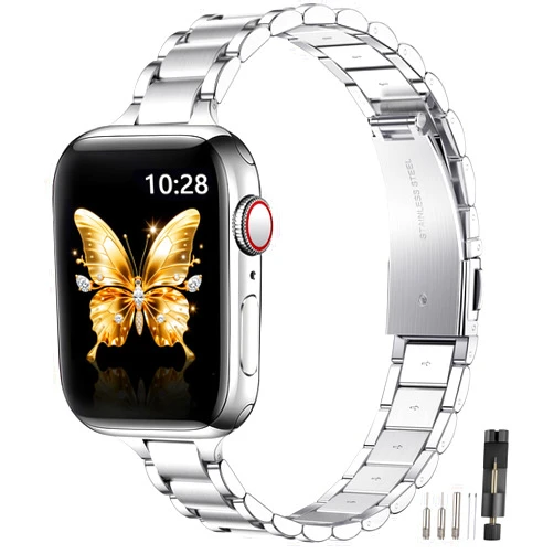 WFEAGL Thin Metal Bands Compatible with Apple Watch Band 42mm (Series 10) 41mm 40mm 38mm for Women, Slim Stainless Steel Wristbands for iWatch SE Series 9 8 7 6 5 4 3 2 1 (Silver)