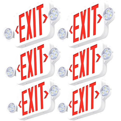 SASELUX Led Exit Sign Emergency Light Combo Adjustable Two Head,Double Sided and Battery Backup Exit Light,Red Letter Hardwired Emergency Exit Sign,AC 120/277V,UL Listed,Ceiling&Wall Mount (6 Pack)