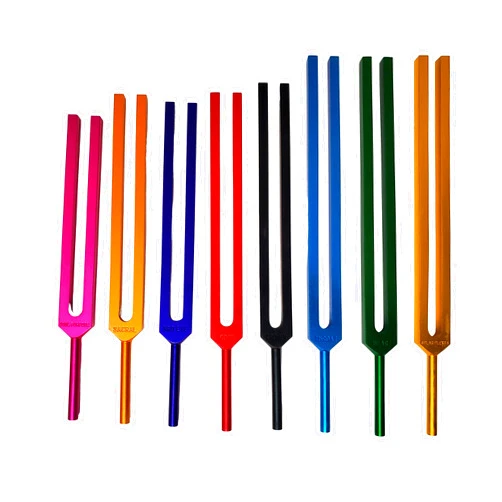 Saiish Tuning Fork Chakra Colored | Set of 8 Includes Soul Purpose | Includes Velvet pouch with Handmade North Indian Rosewood Polished Tuning Frok Mallet 22CM Long Handle