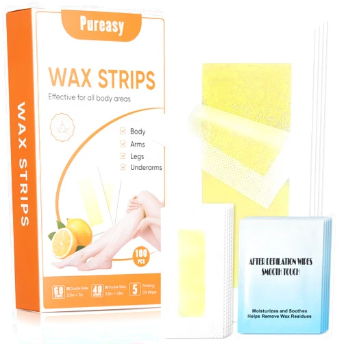 Pureasy 100 PCS Wax Strips for Hair Removal: 40 Facial & 60 Body Hair Removal Waxing Kit with Calming Oil Wipes - For Face, Eyebrow, Body, Arms, Legs, Bikini Area