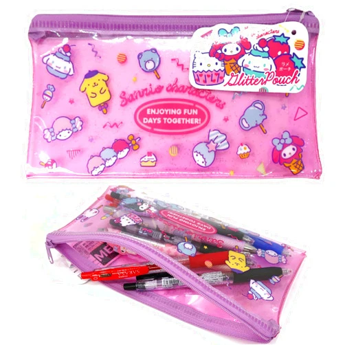 MENBLY Kitty and My Melody Vinyl Glitter Pouch: Flat Zipper Pencil Pouch | Zipper Pen Accessories | Vinyl Pencil Pouch | Zipper Accessory Case (Character Mix)