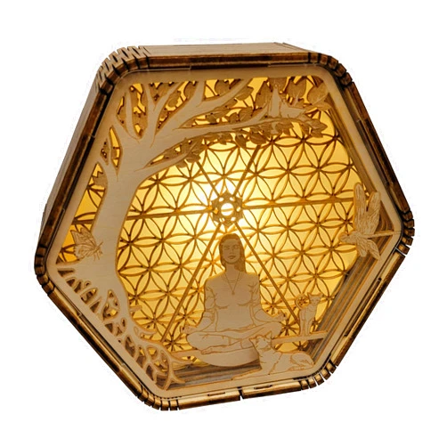 Studio Papilia Tree of Life Lamp | Wood Bedside Mood Night Light Home Decor | Meditation Altar Shrine | Hexagon Sacred Geometry | Carved Engraved Sculpture | Chakra Healing Crystal Gift Art Object