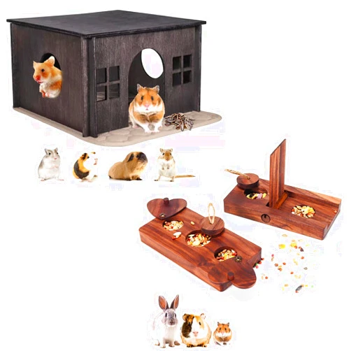WHEARTED Hamster Hideout Wood House with Windows, Small Animal Toys for Guinea Gigs, Hamsters, and Chinchillas, Guinea Pig Wooden Enrichment Foraging Toy