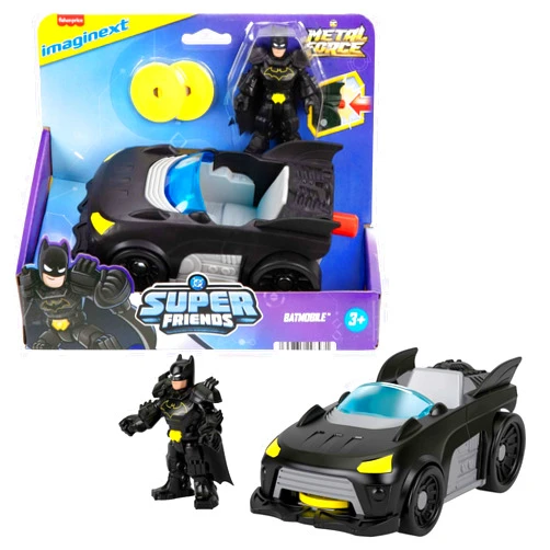 Fisher-Price Imaginext DC Super Friends Metal Force Batmobile Toy Car, 3-inch Batman Action Figure & Accessories Set, Includes Launcher & 2 Discs
